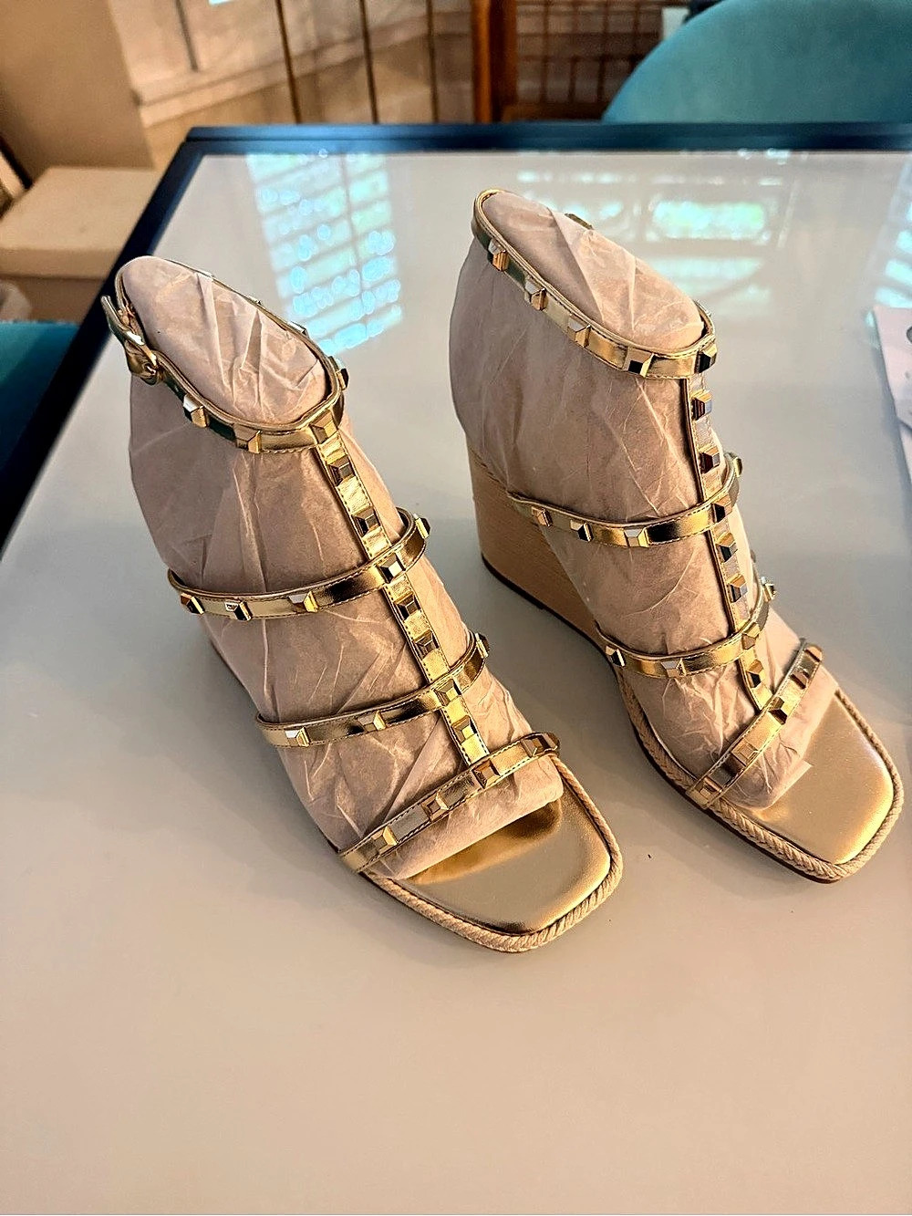NINE WEST Sardis Studded Gold Wedge Sandals (size 8)